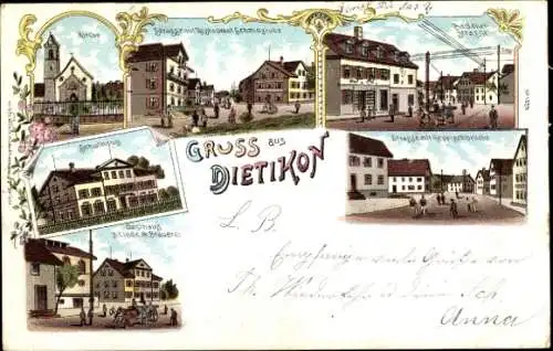 Litho Dietikon Zürich Stadt Schweiz, Badener Straé, Gasthaus zur Linde, Brauerei, Schule