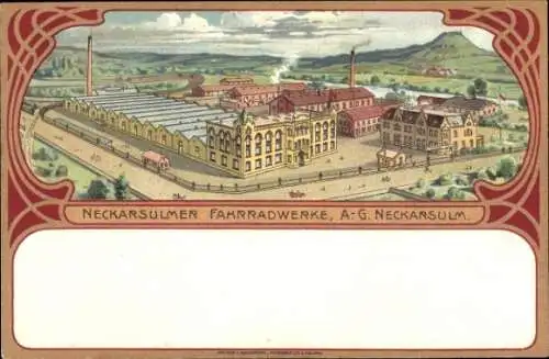 Jugendstil Litho Neckarsulm in Württemberg, Neckarsulmer Fahrradwerke AG, Totalansicht