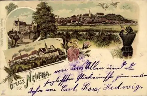 Litho Neufra in Hohenzollern, Schloss, Jäger, Entenjagd, Totalansicht