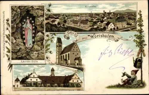 Litho Bad Wörishofen im Unterallgäu, Total, Lourdes Grotte, Kloster