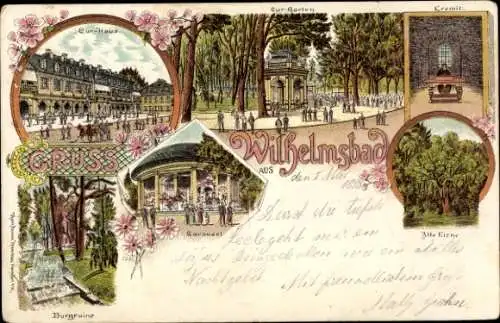 Litho Wilhelmsbad Hanau am Main Hessen, Eremit, Kurhaus, Kurgarten, Burgruine