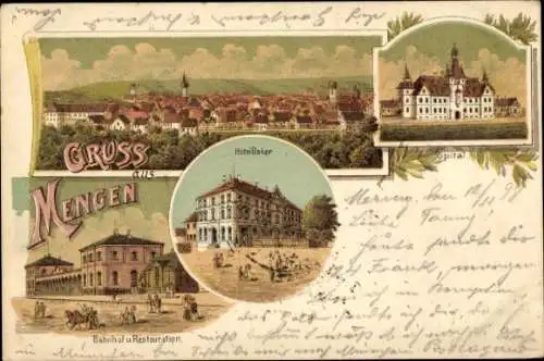 Litho Mengen in Oberschwaben Württemberg, Spital, Hotel Baier, Bahnhof, Restauration