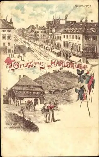 Litho Karlsruhe in Baden Württemberg, Kaiserstraße, Englischer Hof, Lauterberg, Schwarzwaldhaus