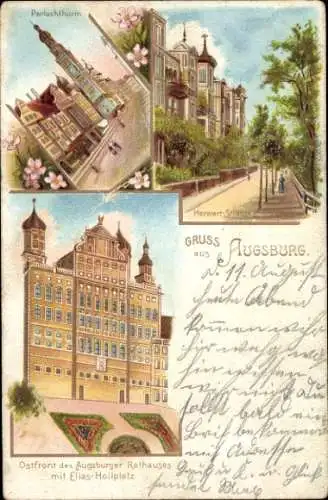 Litho Augsburg in Schwaben, Perlachturm, Rathaus, Elias Hollplatz, Herwart-Straße