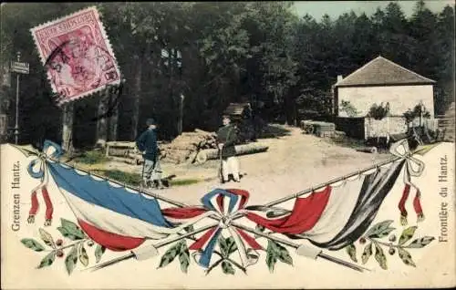 Ak Col du Hantz Vosges, Deutsch Französische Grenze, Fahnen