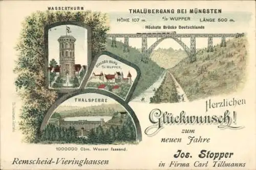 Litho Vieringhausen Remscheid im Bergischen Land, Glückwunsch Neujahr, Talsperre, Wasserturm