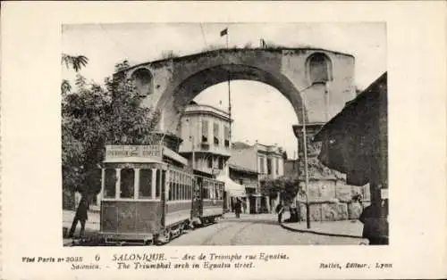 Ak Saloniki Griechenland, Egnatia-Straße, Triumphbogen, Straßenbahn