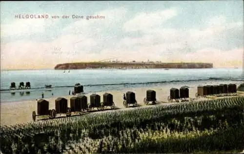 Ak Helgoland, Strand auf der Düne, Badewagen, Blick zur Insel