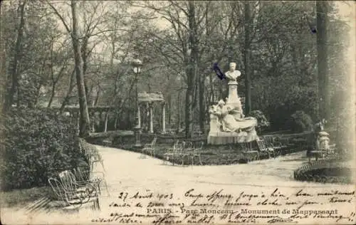 Ak Paris VIIIe Élysée, Parc Monceau, Denkmal von Guy de Maupassant