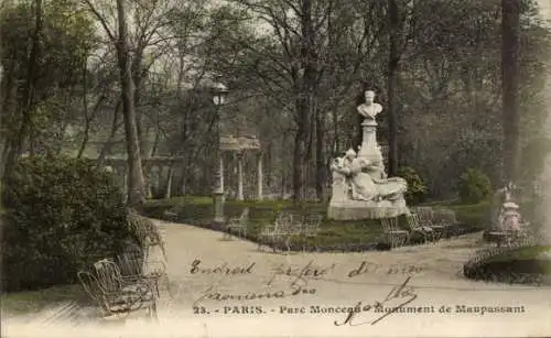 Ak Paris VIII, Parc Monceau, Maupassant-Denkmal