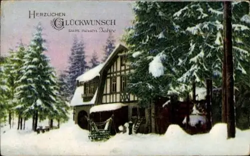 Ak Glückwunsch Neujahr, Wohnhaus, Tannenbäume, Schnee