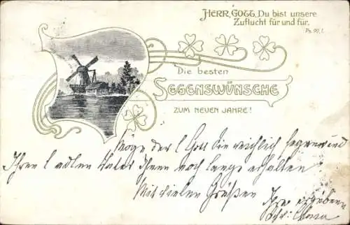 Litho Glückwunsch Neujahr, Glücksklee, Windmühle, Bibelzitat, Herr Gott, du bist unsere Zuflucht...