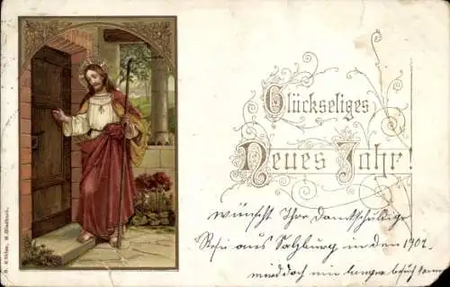 Litho Glückwunsch Neujahr, Jesus an der Tür