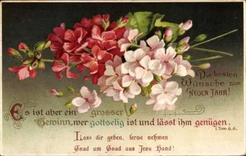 Ak Glückwunsch Neujahr, Blumen, Bibelzitat, Es ist aber ein großer Gewinn.., I. Tim. 6,6