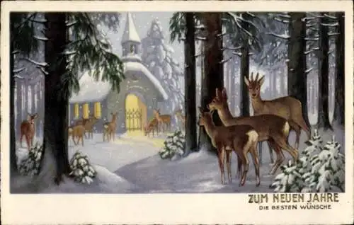 Ak Glückwunsch Neujahr, Rehe, Kirche, Wald