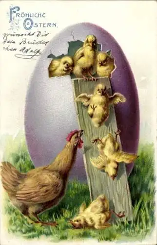 Präge Litho Glückwunsch Ostern, Küken verlassen den Hühnerstall, Sturz, Henne