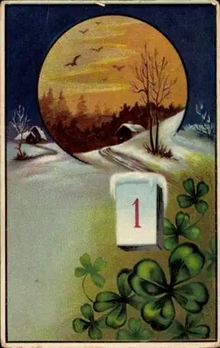 Ak Kalender, Glücksklee, Schnee, Winter