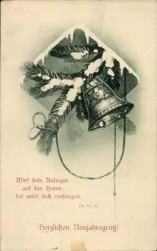 Ak Glückwunsch Neujahr, Glocken, Bibelzitat, Wirf dein Anliegen an den Herrn..., Ps. 55,23