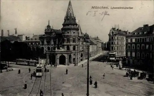 Ak München, Löwenbräukeller, Straßenbahnen