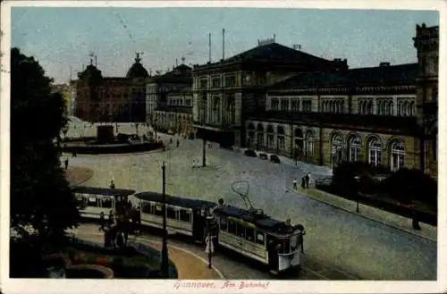 Ak Hannover in Niedersachsen, Bahnhof, Straßenbahn