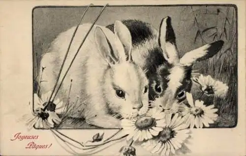 Ak Glückwunsch Ostern, Hasen beim Essen, Blumen