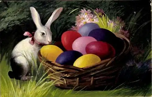 Ak Ostern, Osterhase, Ostereier im Korb