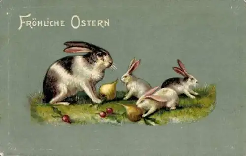 Präge Ak Glückwunsch Ostern, Hasen-Familie, Gemüse