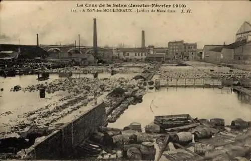 Ak Issy les Moulineaux Hauts de Seine, Die Flut der Seine 1910, Maraicher-Gärten