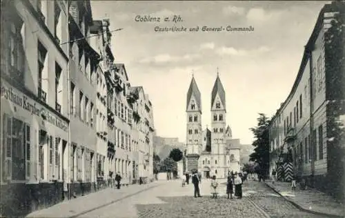 Ak Koblenz Rheinland Pfalz, Castorkirche, Generalkommando, Gasthaus Karpfen, Inh. Anton Kohlbecher