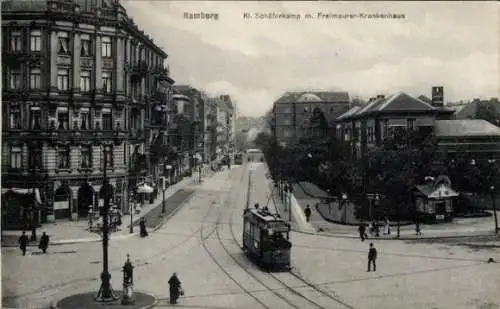 Ak Hamburg Eimsbüttel, Kleiner Schäferkamp mit Freimaurer Krankenhaus, Straßenbahn