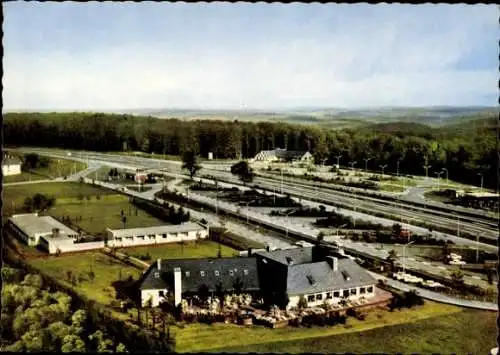 Ak Rohrbrunn Weibersbrunn Aschaffenburg, Autobahnrasthaus am Spessart, Fliegeraufnahme