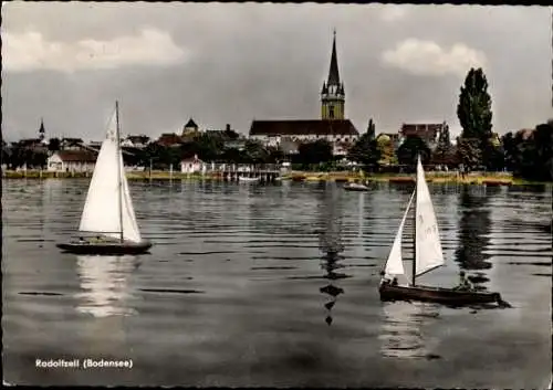 Ak Radolfzell am Bodensee, Teilansicht, Kirchturm, Segelboote