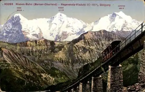 Ak Aeschi bei Spiez Kanton Bern, Niesen Bahn, Hegerenalp Viadukt, Mönch, Eiger, Jungfrau