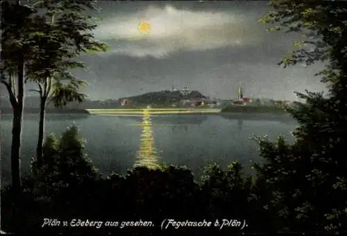 Ak Plön am See Holstein, vom Edeberg aus gesehen, Fegetasche, Mond