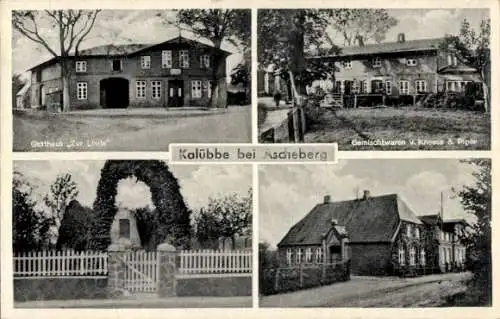 Ak Kalübbe in Holstein, Gasthaus Zur Linde, Ehrenmal, Gemischtwarengeschäft v. Kneese & Piper