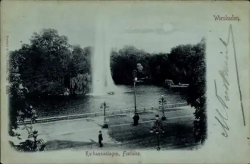 Mondschein Ak Wiesbaden in Hessen, Kurhausanlagen, Fontaine