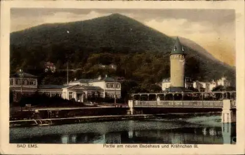 Ak Bad Ems an der Lahn, neues Badehaus und Krähnchen III