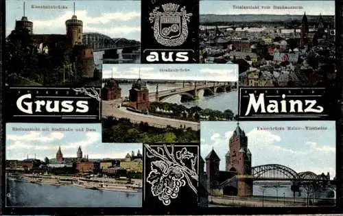 Ak Mainz am Rhein, Eisenbahnbrücke, Kaiserbrücke, Stadthalle, Dom, Stephansturm, Straßenbrücke