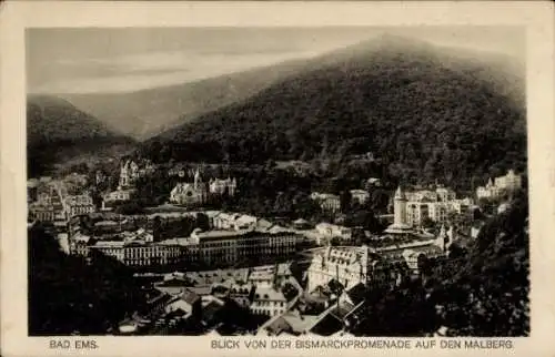 Ak Bad Ems an der Lahn, Blick von der Bismarckpromenade auf den Malberg