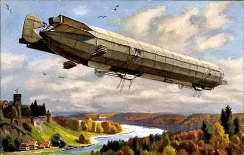 Ak Zeppelin im Flug, Luftschiff, Fluss, Burg