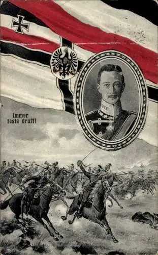 Ak Immer feste druff, Schlachtszene, Kronprinz Wilhelm von Preußen, Portrait, Fahne