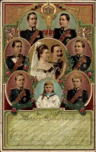 Präge Litho Unser Kaiserhaus, Kaiser Wilhelm II. von Preußen, Kaiserin Auguste Viktoria, Kinder