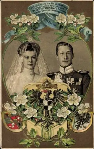 Präge Wappen Ak Kronprinz Wilhelm von Preußen, Kronprinzessin Cecilie, Hochzeit