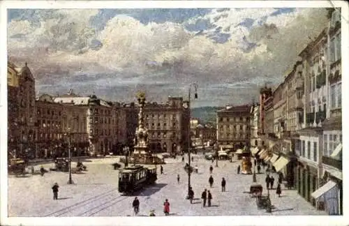 Künstler Ak Linz an der Donau Oberösterreich, Kaiser Franz Josef Platz, Straßenbahn