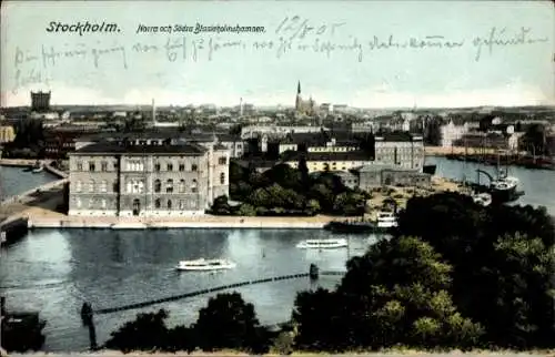 Ak Stockholm Schweden, Norra och Södra Blasieholmshamnen, Hafen, Teilansicht der Stadt