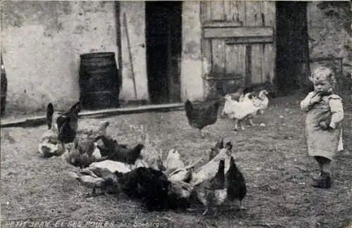 Künstler Ak Petit Jean et ses Poules, Kleinkind mit Hühnern