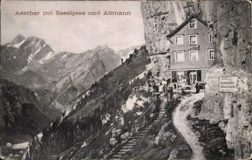 Ak Schwende Kanton Appenzell Schweiz, Wildkirchli, Aescher mit Seealpsee und Altmann