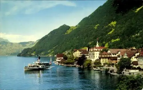 Ak Gersau Kanton Schwyz, Teilansicht vom Ort am Vierwaldstättersee, Salondampfer