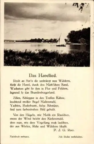 Ak Das Havellied, P. J. G. Roer, Segelboot, Panorama