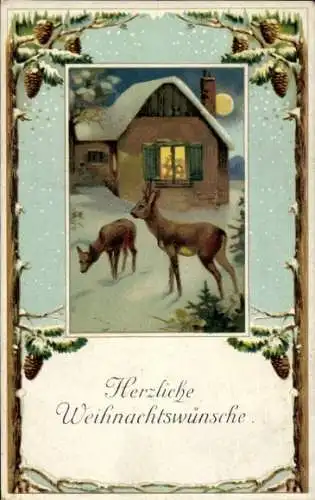 Passepartout Ak Glückwunsch Weihnachten, Rehe an einem Wohnhaus, Winter, Nacht, Mond